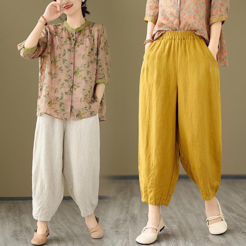 2026 Korean-Style Plus Size Slimming Retro Print Cotton-Linen Two-Piece Summer Set for Women