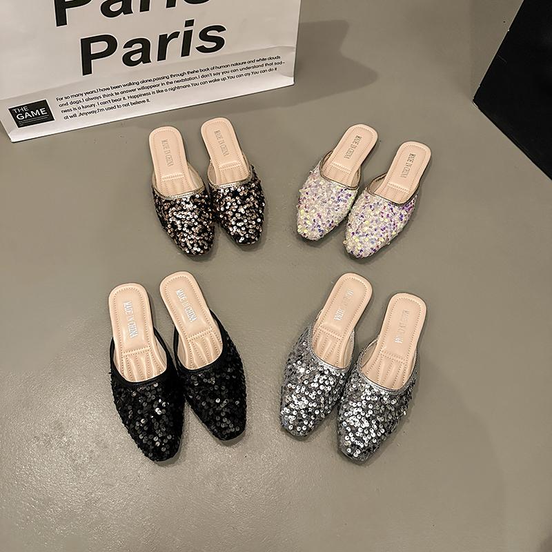 Woman Slippers Wedding Summer Rubber Black Shoes for Women 2025 Rhenstone Sandals Mules Slides Jewels Crystals Flat Korea Style