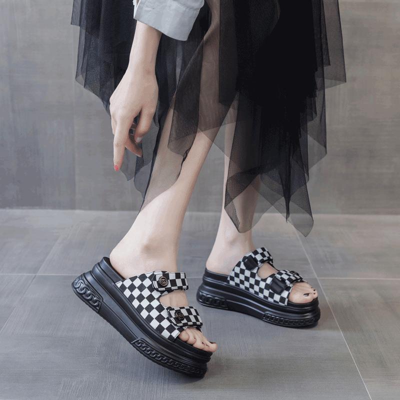 Heelless Cool Slippers Women's New Products In Summer 2025, Platform Muffin Sandals, Fashionable Versatile Checkerboard Sandals Women