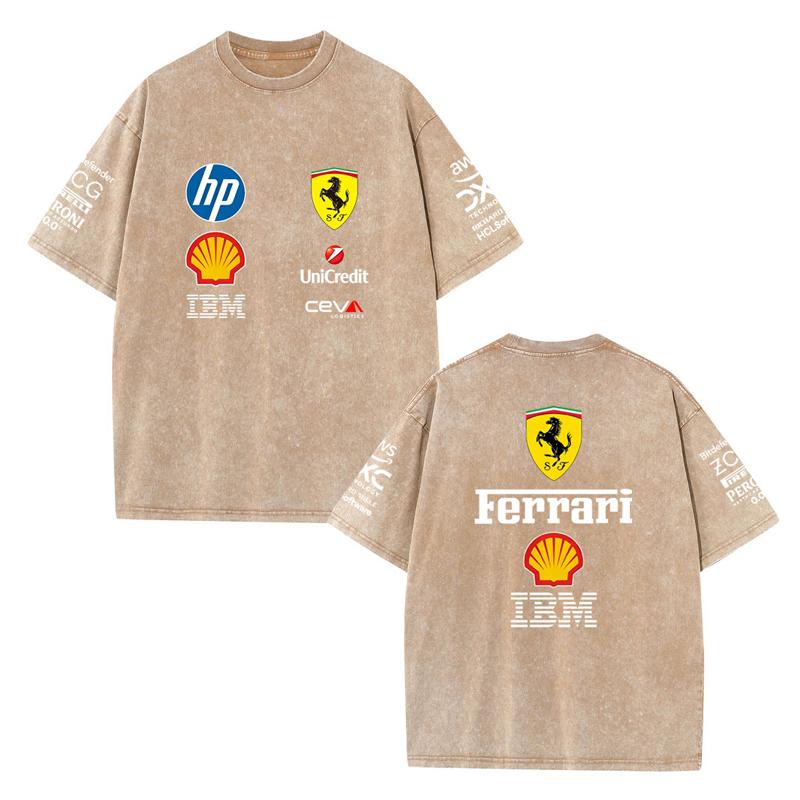 Vintage Washed Black Ferrari F1 Racing T Shirt Oversized Short Sleeve Tee Retro Motorsport Sponsor Logo Print Casual Streetwear Loose Top