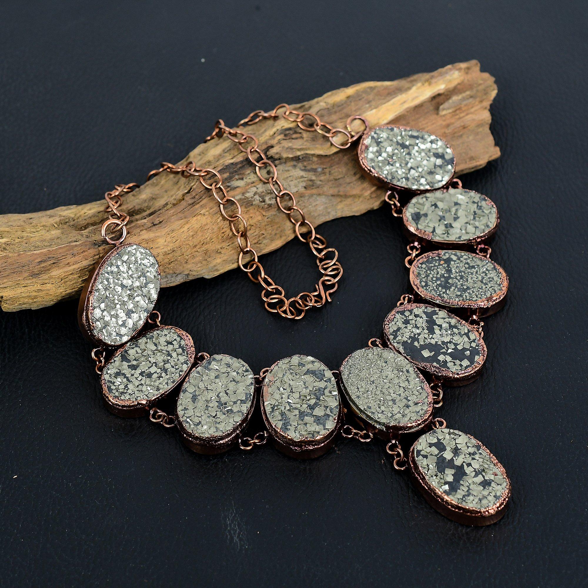 

Pyrite Druzy Gemstone Necklace, Copper Electroformed Handmade Designer Necklace Jewelry, Adjustable Chain Necklace Gift For Women