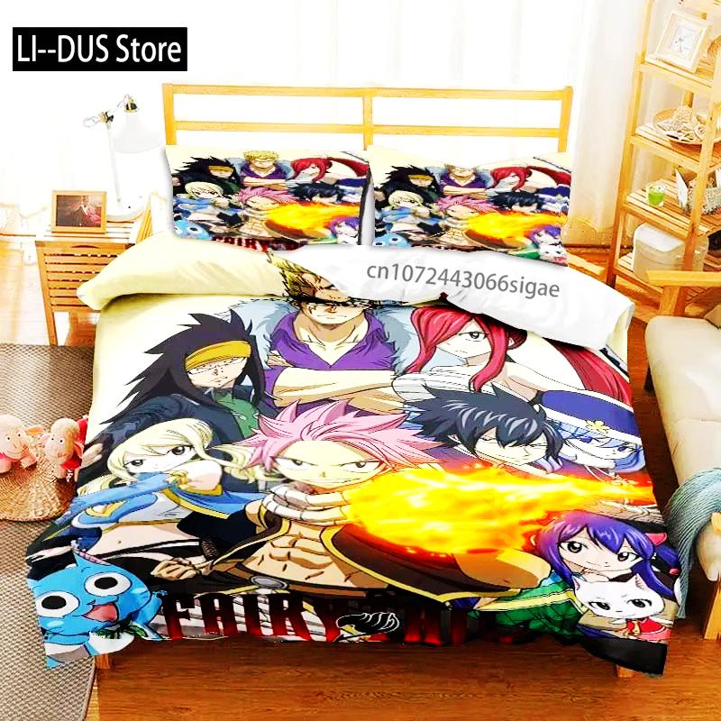 Zestaw pościeli 3D Anime Fairy Tail Zestaw trzyczęściowy na łóżko Poszwa na kołdrę Pojedyncze Podwójne Łóżko Queen Size Zestaw poszwy na kołdrę Sypialnia dla dorosłych chłopców