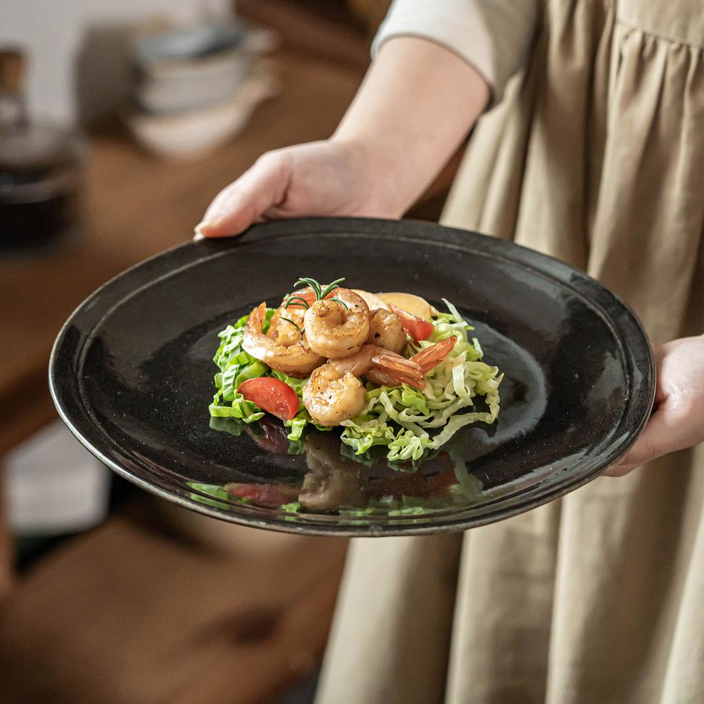 Plate Household Premium Black Ceramic Plate Household Vegetable Plate Retro Tableware Western Plate Salad Plate