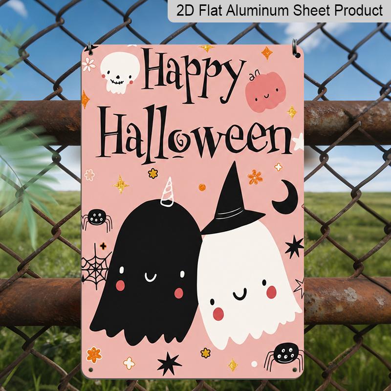 2D Flat Cute Pink Happy Halloween Ghost Metal Sign - 8.0x12.0inch Aluminum Wall Art, Soft Pastel Halloween Decor for Home, Porch - Easy Install with