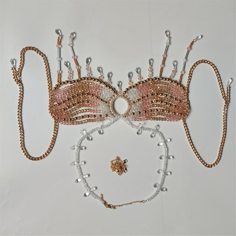 Fashionable Pearls Crystal Tassels Bralette Body Chain for Women’s Beachwear Beaded Body Jewelry Harness Bustier Bra Top