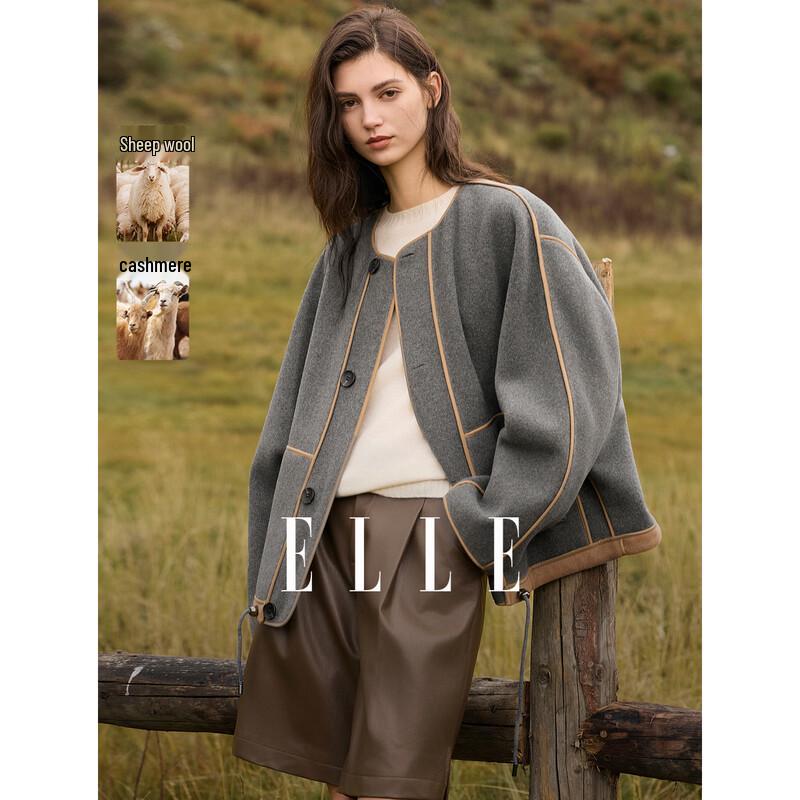 ELLE Women s Cashmere Blend Double-Sided Short Coat L