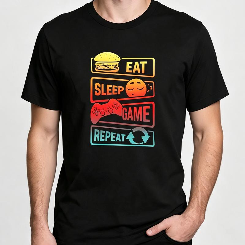 Vintage Eat Sleep Game Repeat Graphic Tee Funny Gamer Gift Shirt Casual Cotton Streetwear TShirt for Unisex Unisex Y2k Top