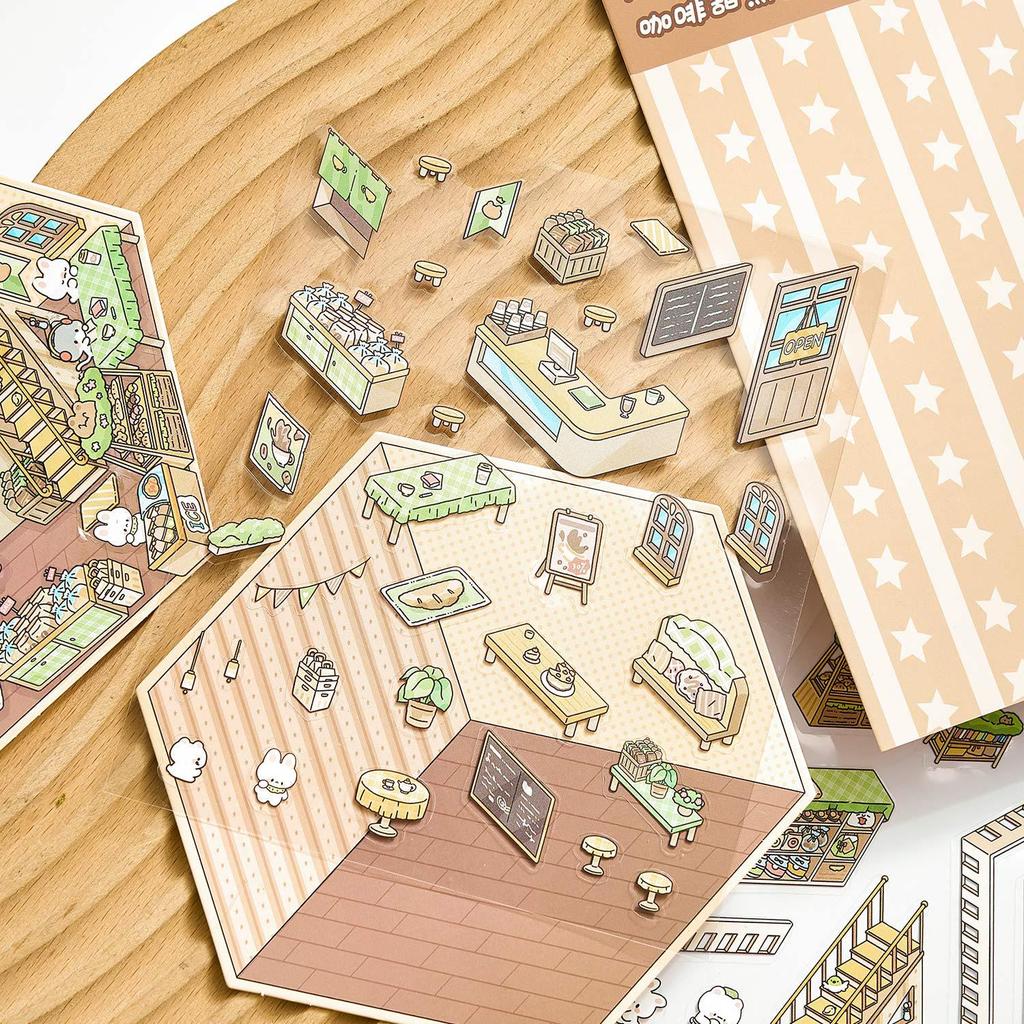 3D-Schaumstoff-Landschaftsaufkleber: Kaffee-Dessert-Haus, Kreative DIY-Szenen, 4 Stile
