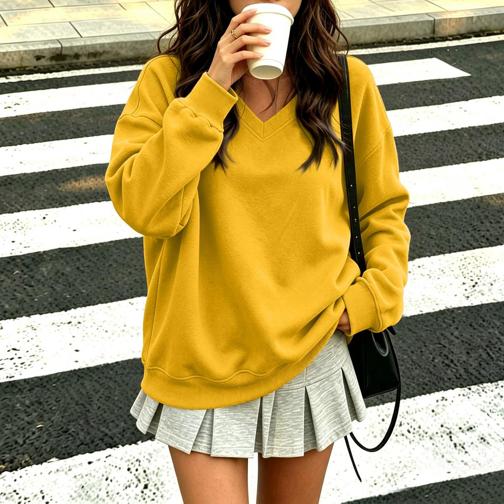 Women's V-Neck Long Sleeve Sweatshirt Color Casual Pullover for Everyday Wear