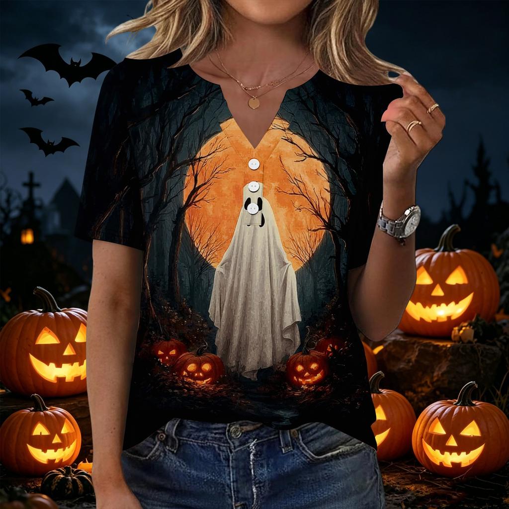 Women's Casual V Neck Button Front Halloween Print T Shirt Top with Three Quarter Sleeves Lightweight Comfortable Fit