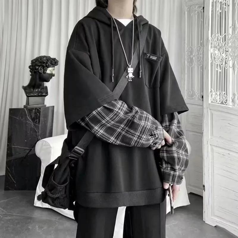 Abbigliamento da uomo Felpe Finte Due Pezzi Patchwork a Quadri con Cappuccio Top Oversize Abbigliamento per Donna Harajuku Felpa Casual