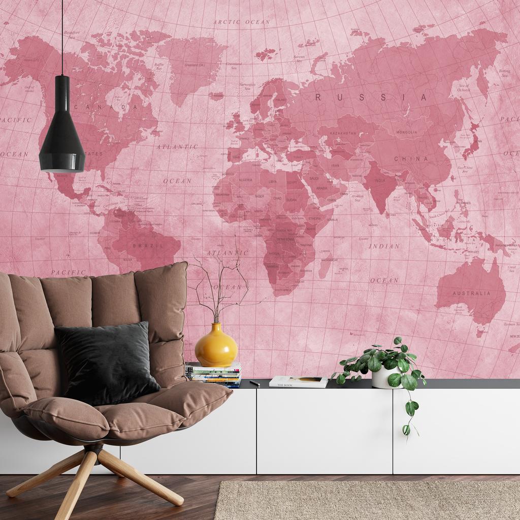 Photomural World Map Textured Red Iq-1262-D Washable Fleece 254x184