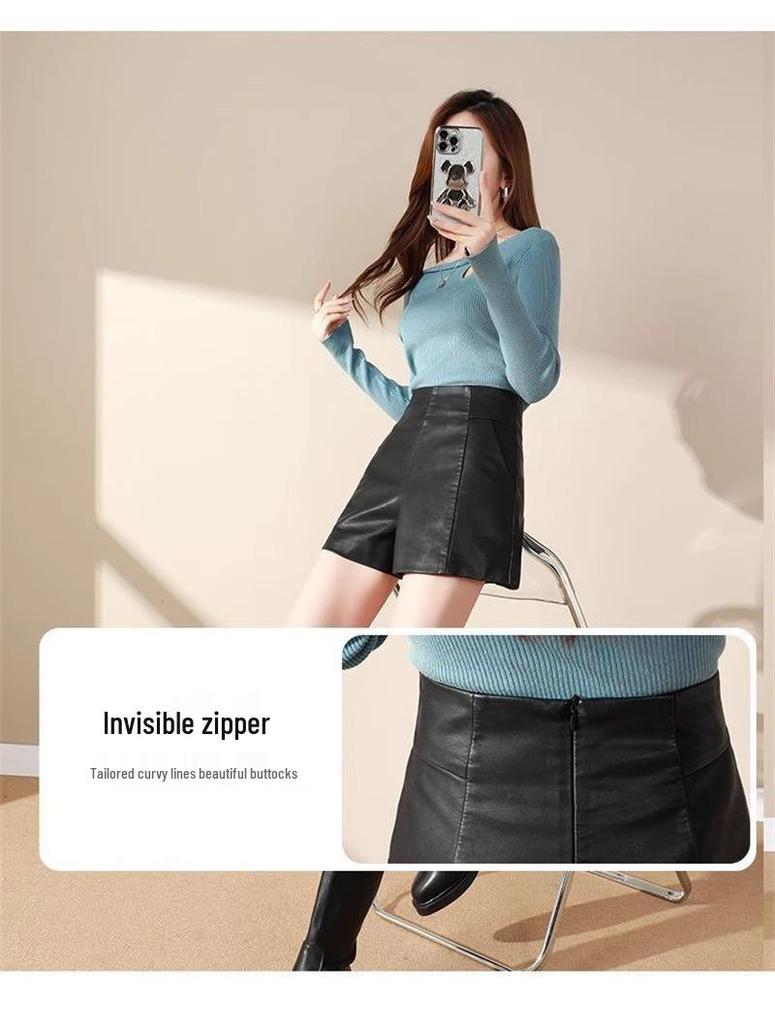 High Waist PU Leather A-Line Shorts for Women - 2023 Autumn/Winter Fashion, Korean Style, Slimming Wide Leg Booty Shorts