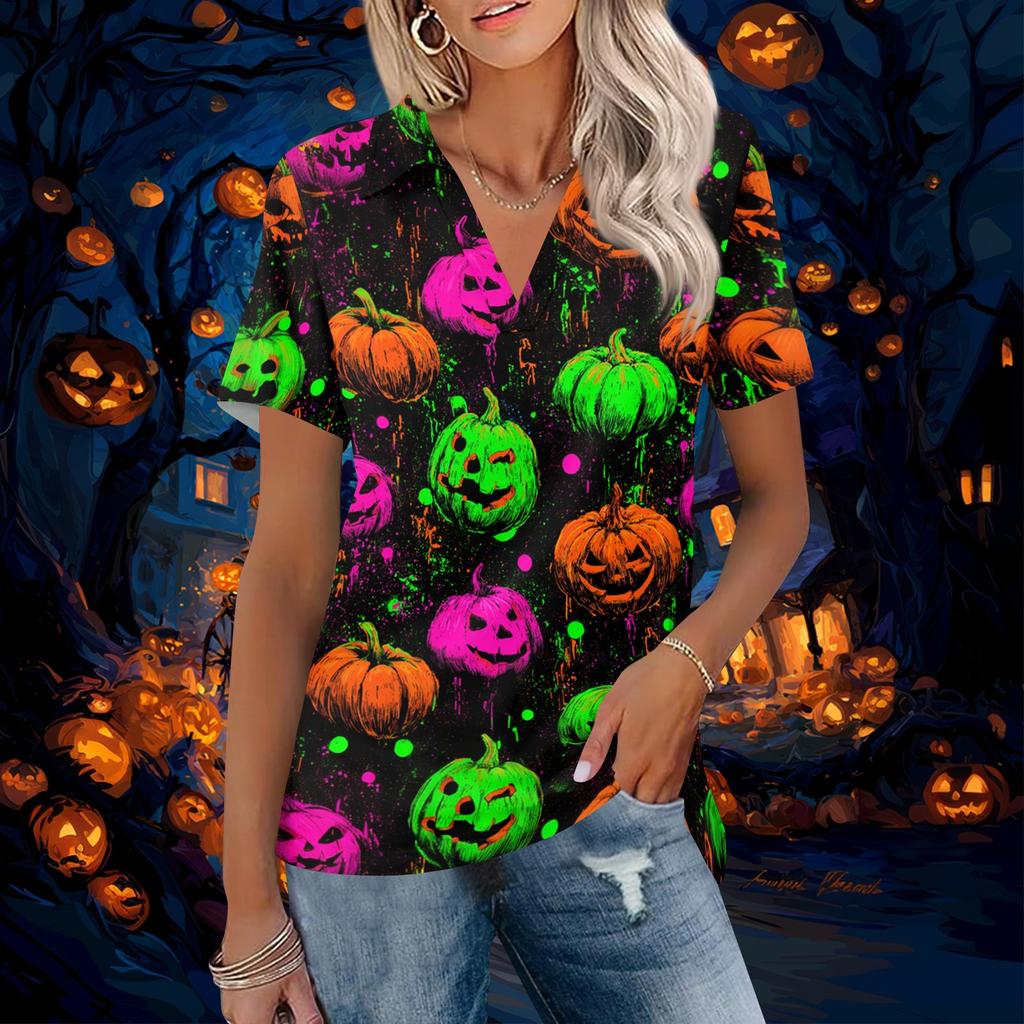 Women V Neck Short Sleeve Halloween Print Collared Top Casual Loose Fit Pattern Blouse for Daily Wear Office School