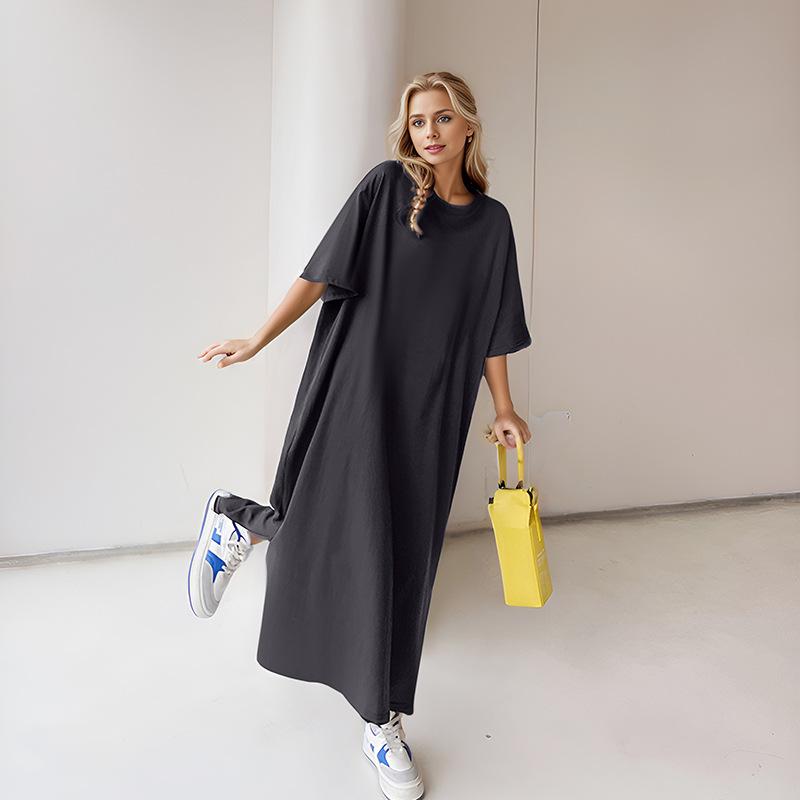 Einfaches übergroßes T-Shirt-Kleid für Damen Koreanische Mode Gespaltenes langes Maxikleid Sommer Kurzarm Strandsonnenkleid XXXL dunkelgrau