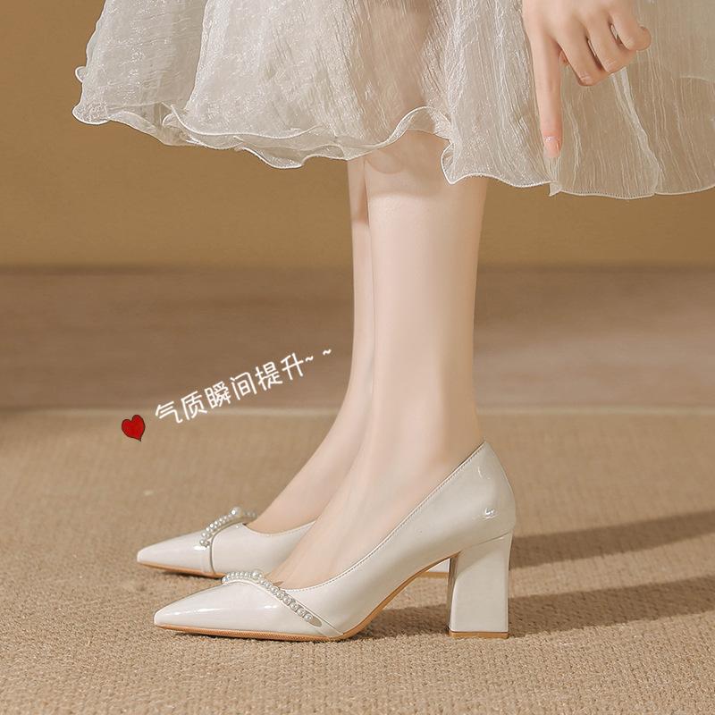 Wedding Shoes Bride Shoes New Temperament Pointed High Heels Women's Pearl Thick Heel Single Shoes Bridesmaid Shoes Women