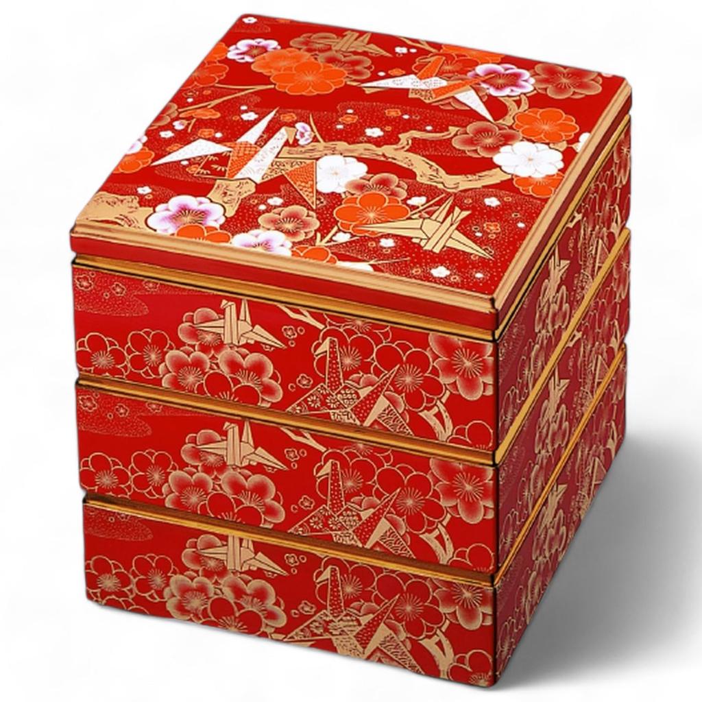 J-kitchens Lacquerware 3-Tiered Jubako Box, 7.0 Inches, Saikōgura, Vermilion Crane with Gold Rim, 20cm, Resin, Made In Japan