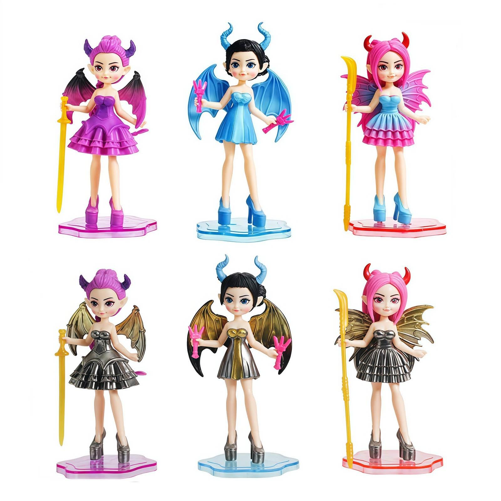 

6pcs 3D Demon Hunter Girl Figurines Set with Wings and Staffs Standing on Hexagonal Bases Collectible Display Models for Decoration One Size