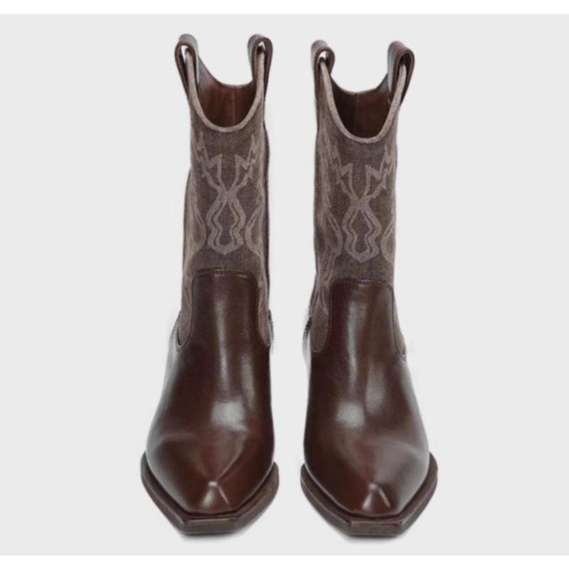 Fashion New Women's Vintage Embroidery Woman Western Cowgirl Boot Casual Slip on Knight Booties Autumn Winter Thick Heel Girl Shoes