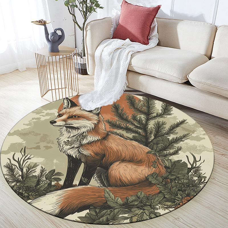 Fox On Tree Branch,Round Area Rug,Carpet Rug for Living Room Bedroom Sofa Playroom Decor,Non-slip Floor Mat