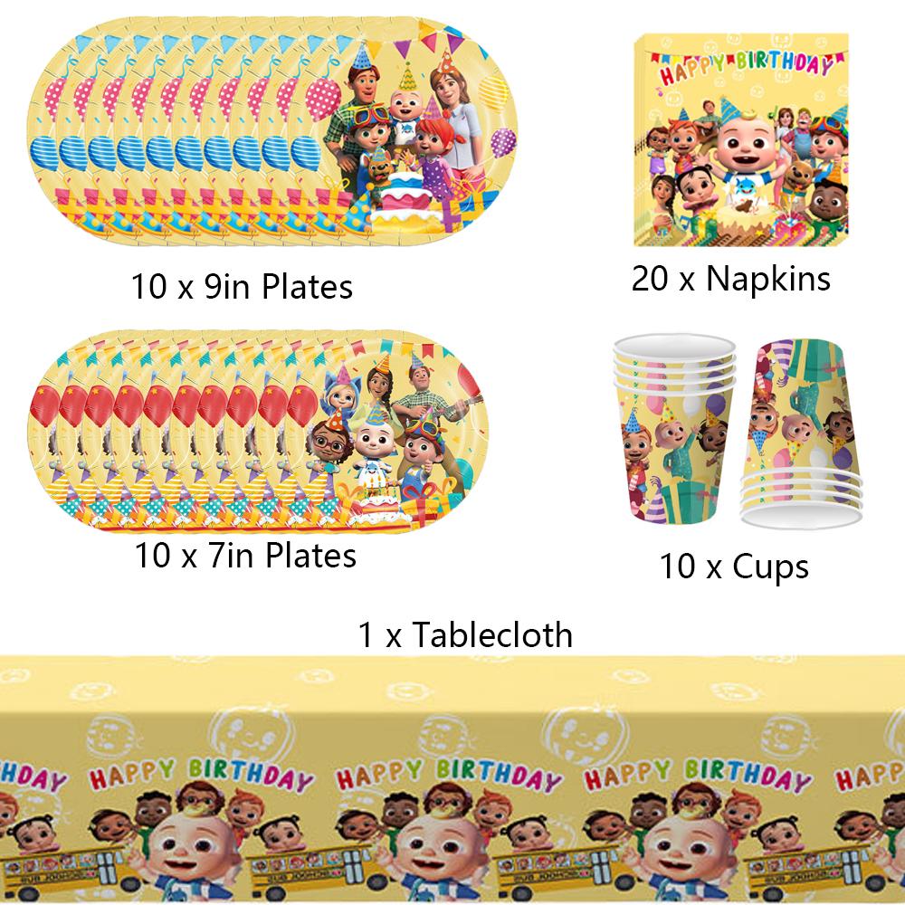 

New 51pcs Cocomelon Party Supplies Set Include Plates, Napkins, Cups, a Tablecloth