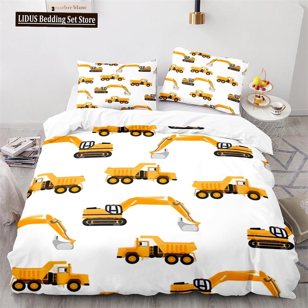 Digger Duvet Cover Set Cartoon Heavy Machinery Truck Crane Mixer Excavator Tractor Pattern For Kid Teen Polyester Bedding Set
