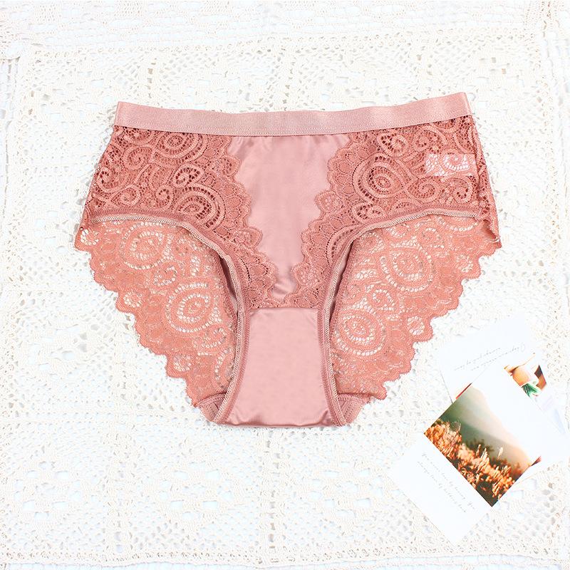 Fashionable Slip Material Mid Waist Women's Underwear Splicing Sexy Lace All Cotton Crotch Comfortable Soft Women's Triangle Pants