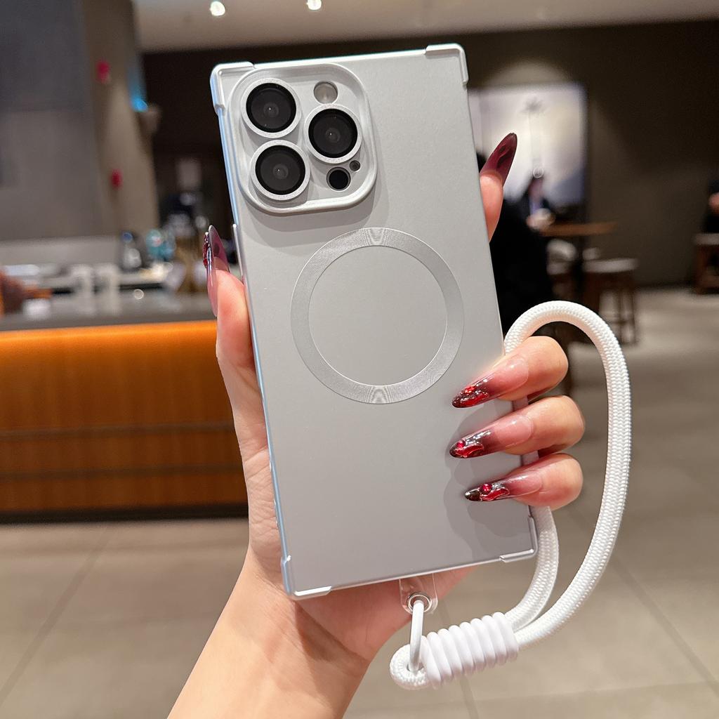Matte Soft Silicone Square Shockproof Case for iPhone 16 15 14 Plus 13 Pro Max Magnetic Wireless Charge Lanyard Rope Strap Cover