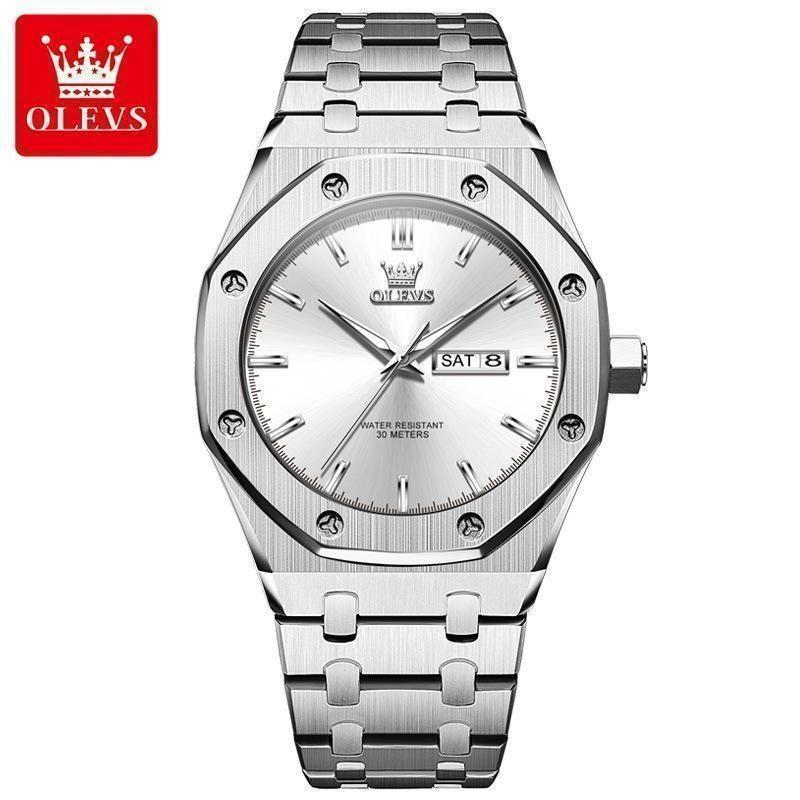 

OLEVS Quartz Watches For Man Stainless Steel Luxury Brand Original Dual Calendar Waterproof Luminous Dress Wristwatch серебряный/белый