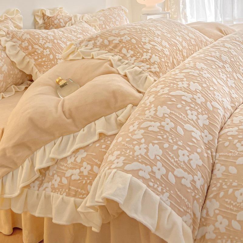 Thickened Milk Fleece Four-Piece Set, Fleece Thickened Bedding, Winter Carved Coral Fleece Quilt Cover, Bed Sheet, Bed Skirt