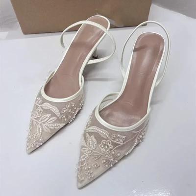 Fashion Designer Embroidered Mesh White Stringbead Heeled Sandals Women Sexy Pointed Toe Slingback Mules High Heels Elegant Party Shoes
