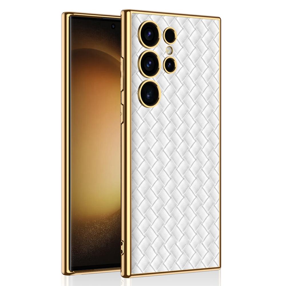 

GKK For Samsung Galaxy S24 Ultra Electroplating PU Leather+TPU+PC Woven Texture Cell Phone Cases White