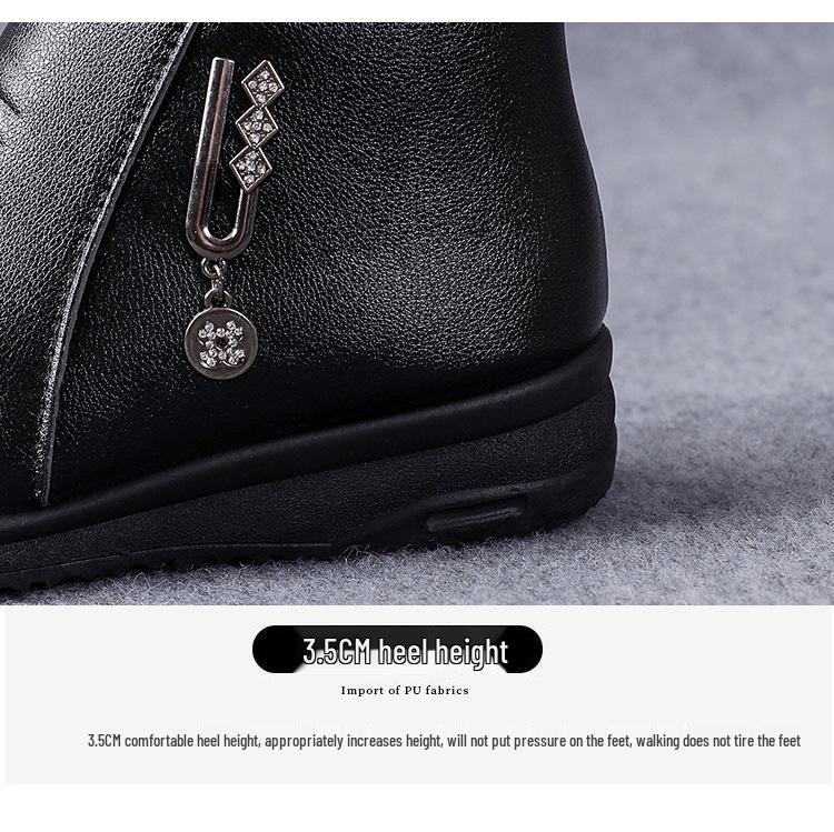 Women's Winter Soft Sole Cotton Boots for Middle-Aged and Elderly - Velvet-Lined, Flat Bottom, Leather Short Boots