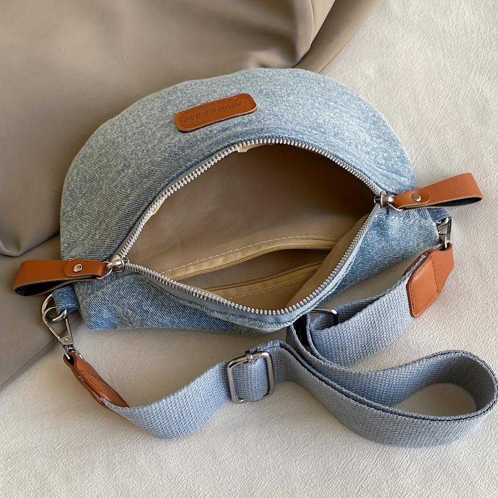 Vintage Denim Brusttasche für Damen Mode Vielseitige Reißverschluss Crossbody Bauchtasche mit Verstellbarem Breitem Schultergurt Stilvolle Outdoor-Hüfttasche