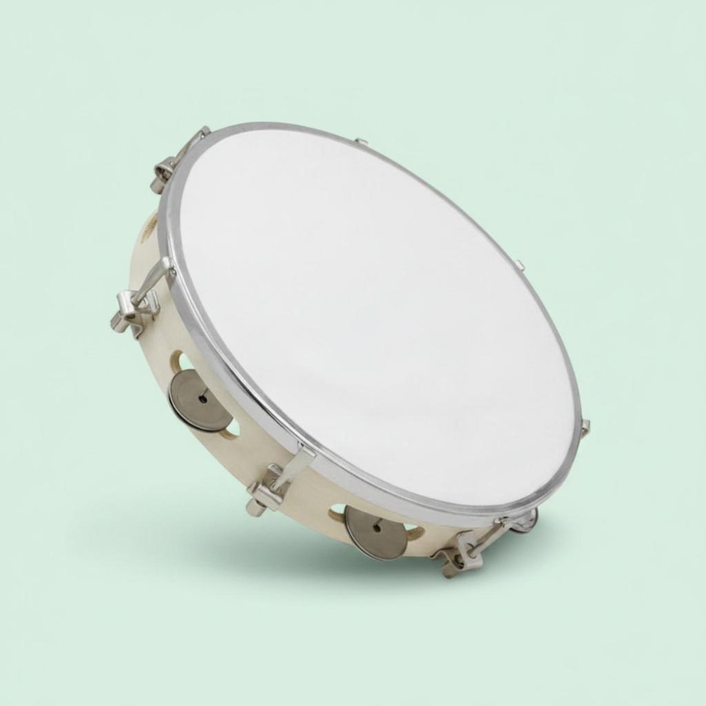 Wooden Tambourine White Drumhead with Metal Discs Handheld Hand Drum