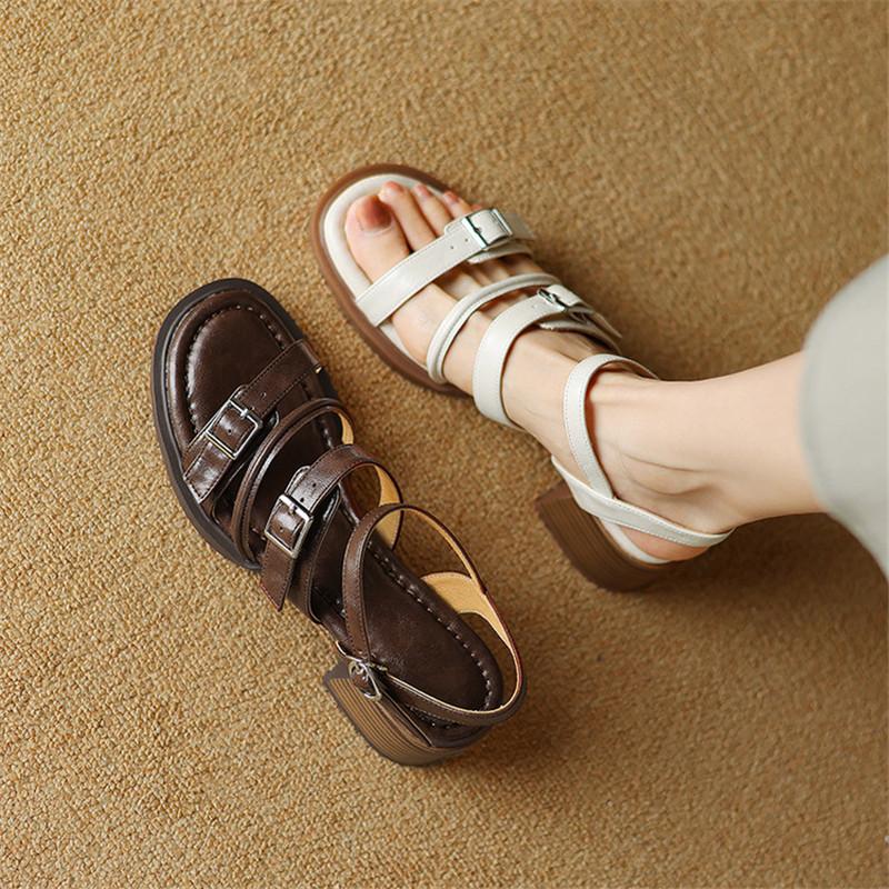 Fashion New Summer Sandals Split Leather Women Shoes Round Toe Sandals for Women Fashion Belt Buckle Chunky Heel Sandal Gladiator Shoes