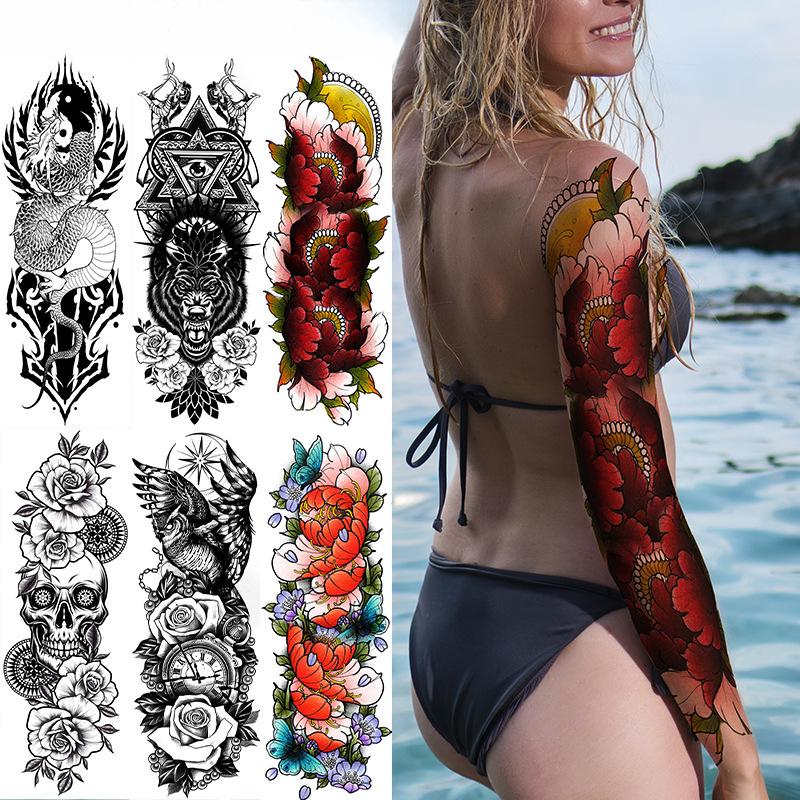 Full Arm Tattoo Sticker Full Arm, Big Picture Lion Tiger Wolf Animal Big Flower Arm Tattoo Sticker
