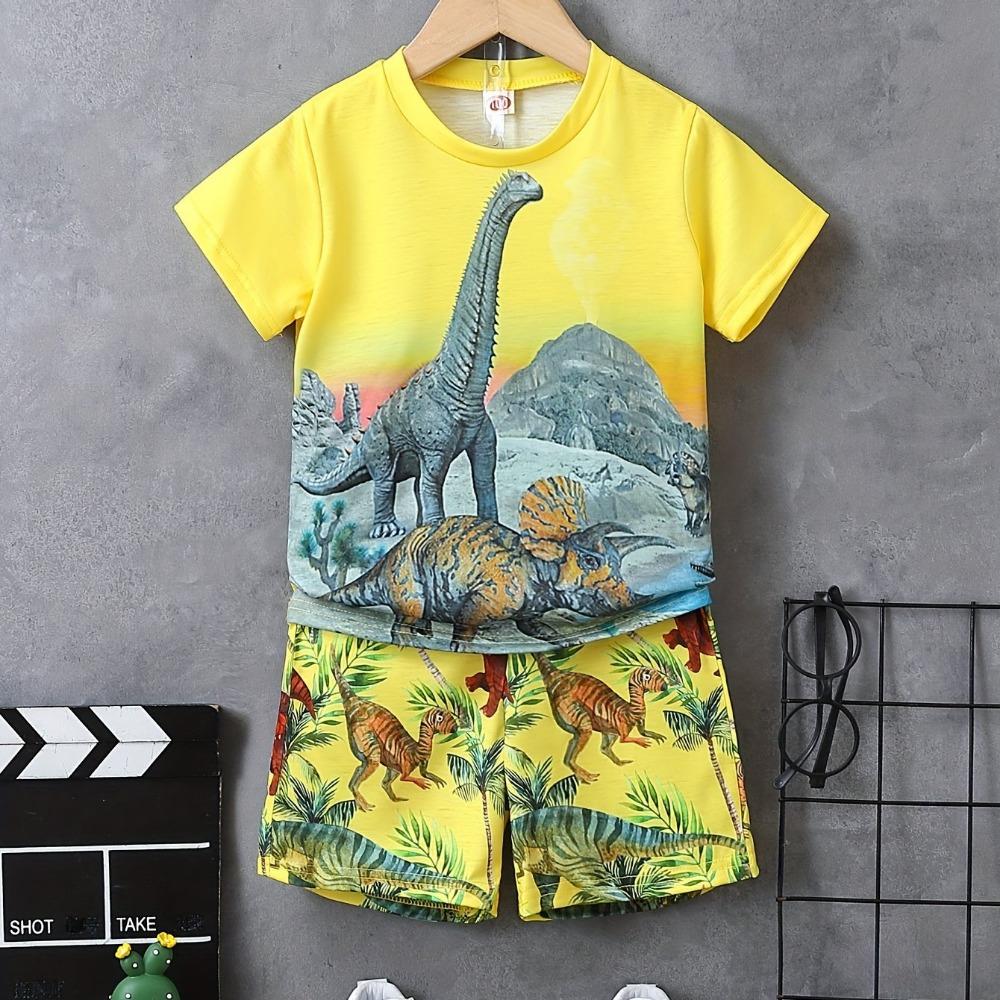 3D Dinosaur T-shirt Set for Boys Summer Round Neck T-shirt Shorts Set for Boys and Girls Casual Printed T-shirt