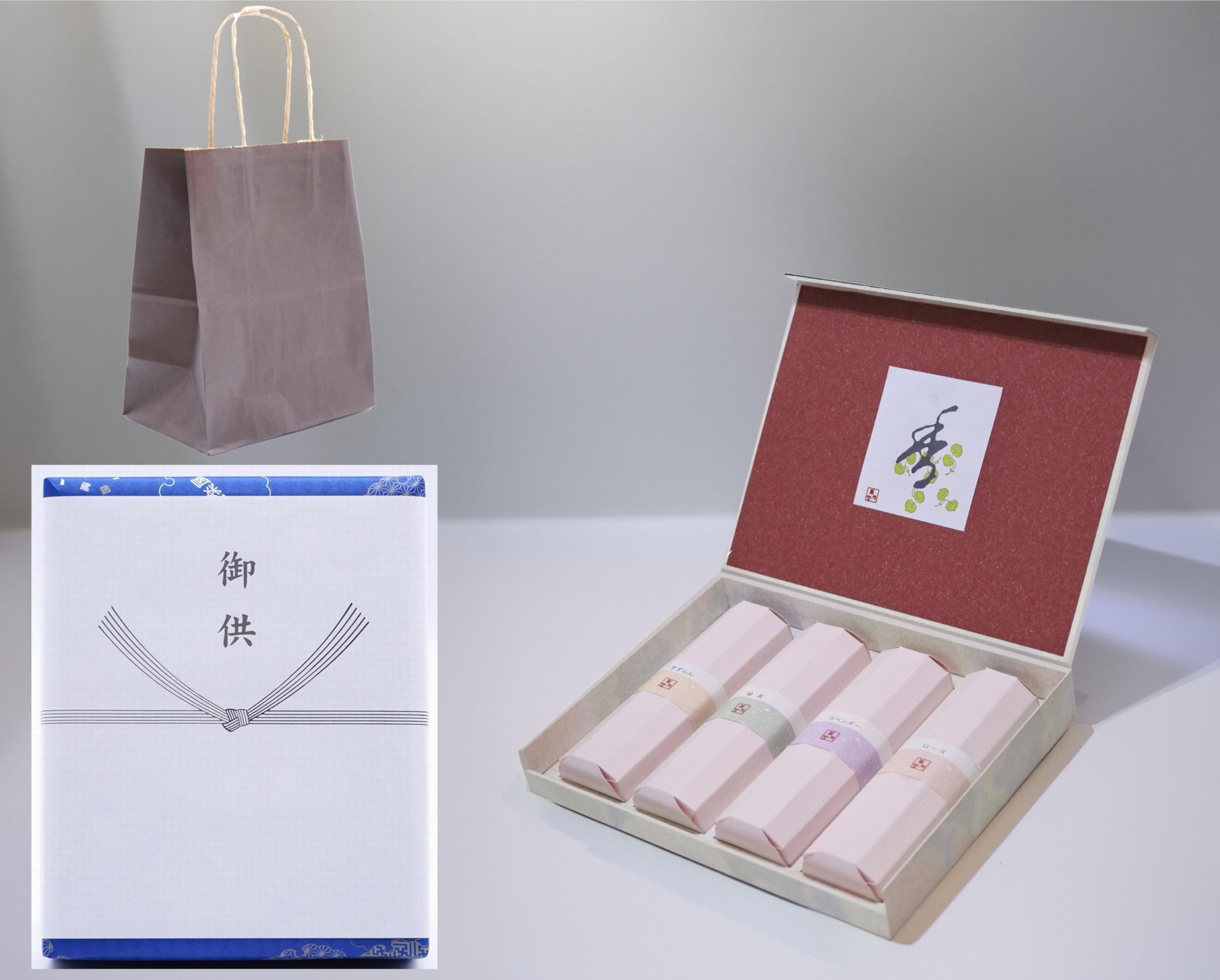 

[Includes a paper carrying bag and floral scent] Smokeless incense sticks with Bender, Rose, Lily of the Valley, and Green Tea scents. Gift wrapping