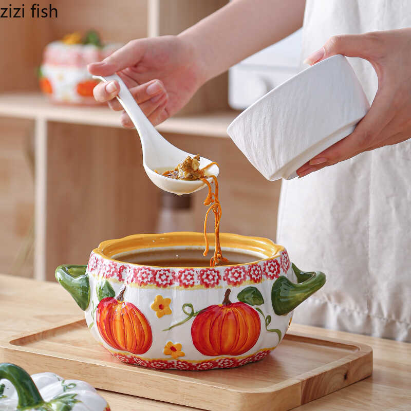 Double Ear Ceramic Bowl with Lid Pumpkin Soup Bowls Pig Oil Tank Storage Tank Stew Pot Dining Plate Dessert Bowl Noodle Bowls