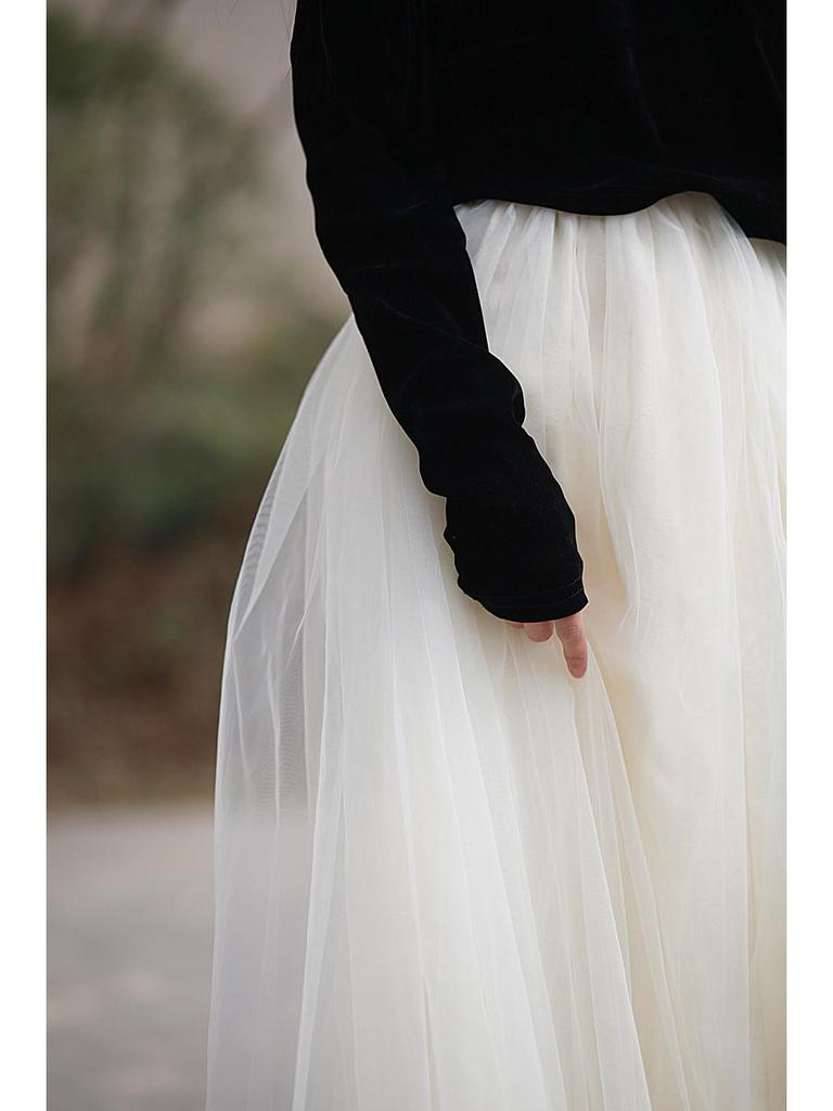Jacquard Heavy Duty Mesh Midi Skirt: High Waist Large Swing Tulle Skirt