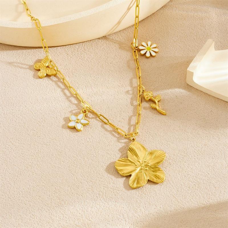 Gold Paperclip Chain Necklace with Flower and Butterfly Charms