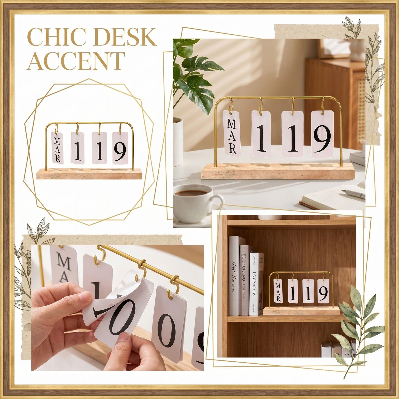 

Creative Desktop Perpetual Calendar Wooden Base Metal Frame Hanging Flip Date Display for Home Office Desk Decoration one size золотий