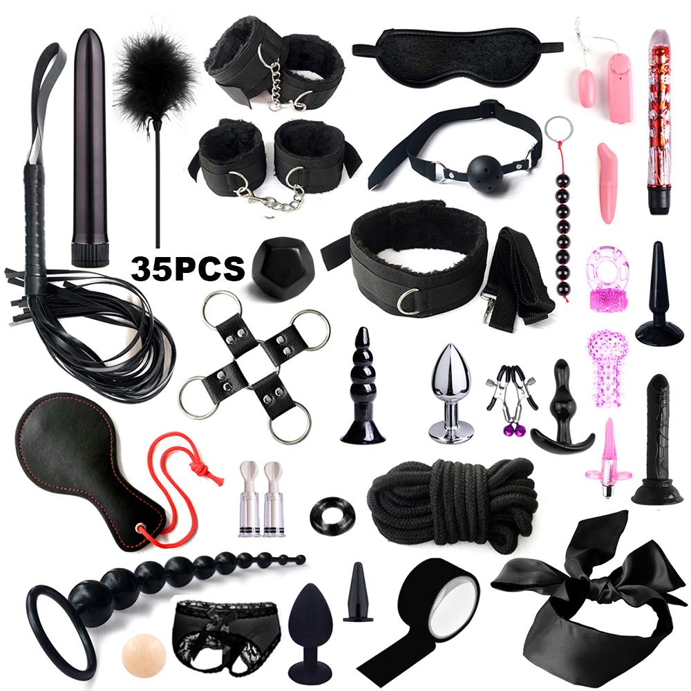 Fetish BDSM Kit Set Sex Toy Handcuffs for Woman Adult Supplies Handcuffs Whip Anal Plug Vibrator Bondage Rope Sexual Sexy Game