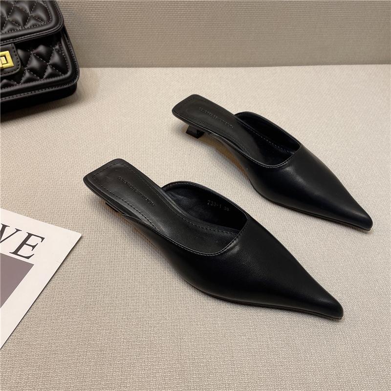 2025 Spring New Temperament Thin Pointed Cat with Bag Head Cool Slippers Women Wear Soft Leather Thin Heel Muller Half Slippers