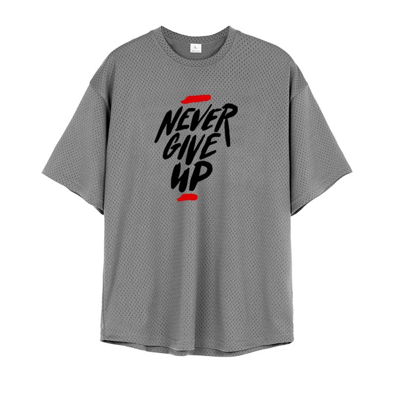 Muscleguys Oversized Loose Mesh Running T-Shirts Mens Summer Quick Dry Fitness Half Sleeve T Shirts NEVER GIVE UP Sports Gym Clothing