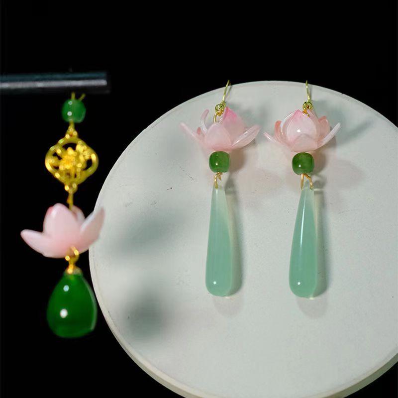 New Chinese Lotus Water Drop Pendent Long Delicate Tassel Dangle National Luxury Earring for Women Jewelry Gift