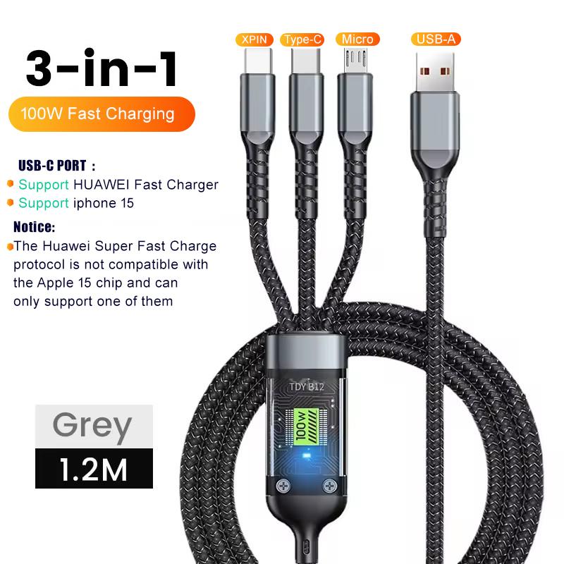 3 in 1 Super Fast Charging Cable Transparent Luminous Nylon Braided Cord Quick Charging Data Cable for Samsung Huawei Xiaomi 1.2m