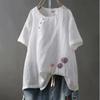 Camicia Taglia Grande Estate Taglie Forti Abbigliamento Donna Ampia, Stile Occidentale Riducente dell'Età Cotone e Lino Ricami Casual T-shirt Top a Media Lunghezza