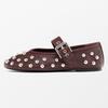 Burgundy Soft Leather Ballet Flats for Women Fashion Metal Rivets Decorated Mary Jane Shoes Elegant Belt Buckle Designer Shoes